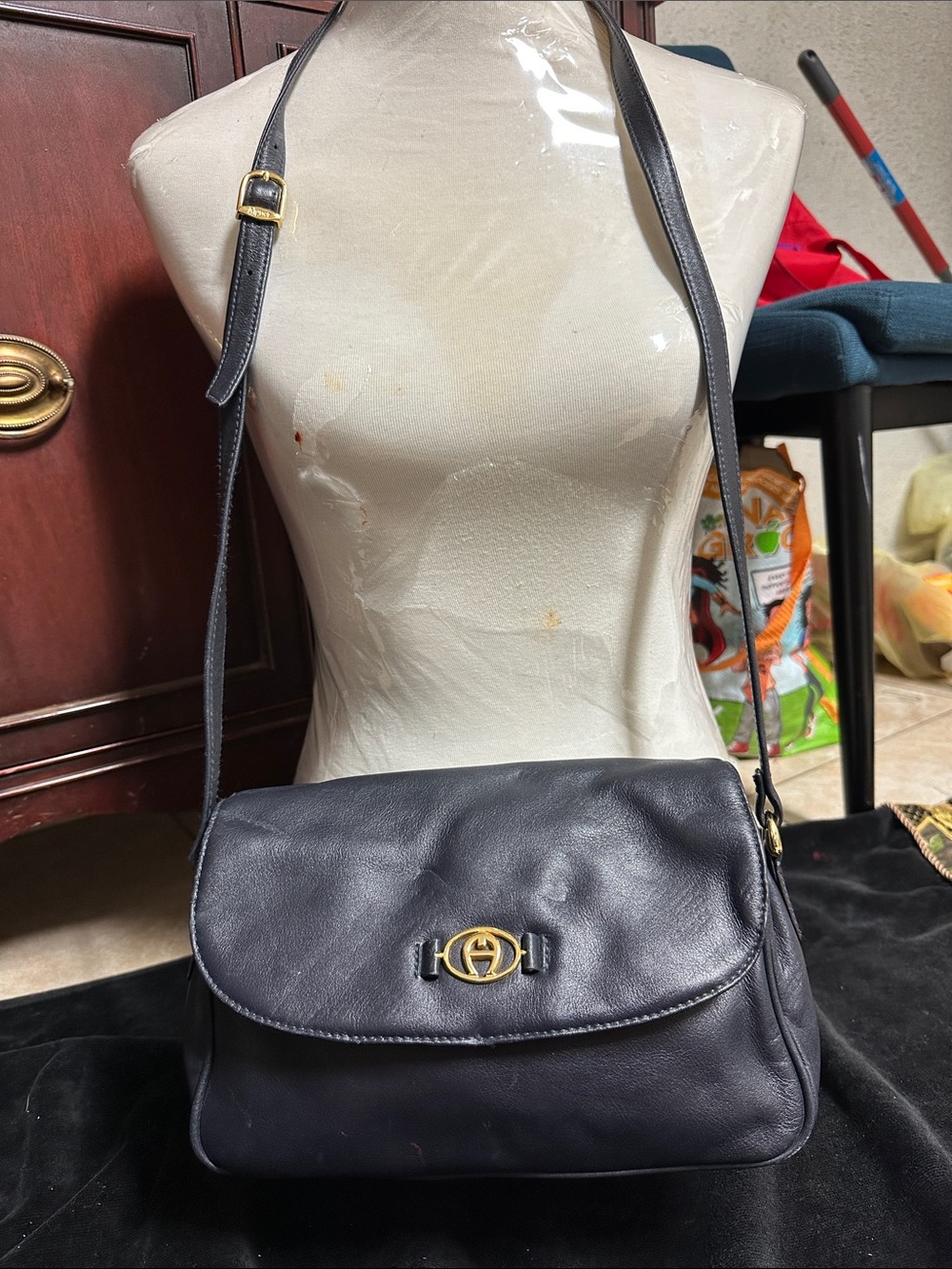 Etienne Aigner Navy Leather Shoulder Bag with Gold Hardware